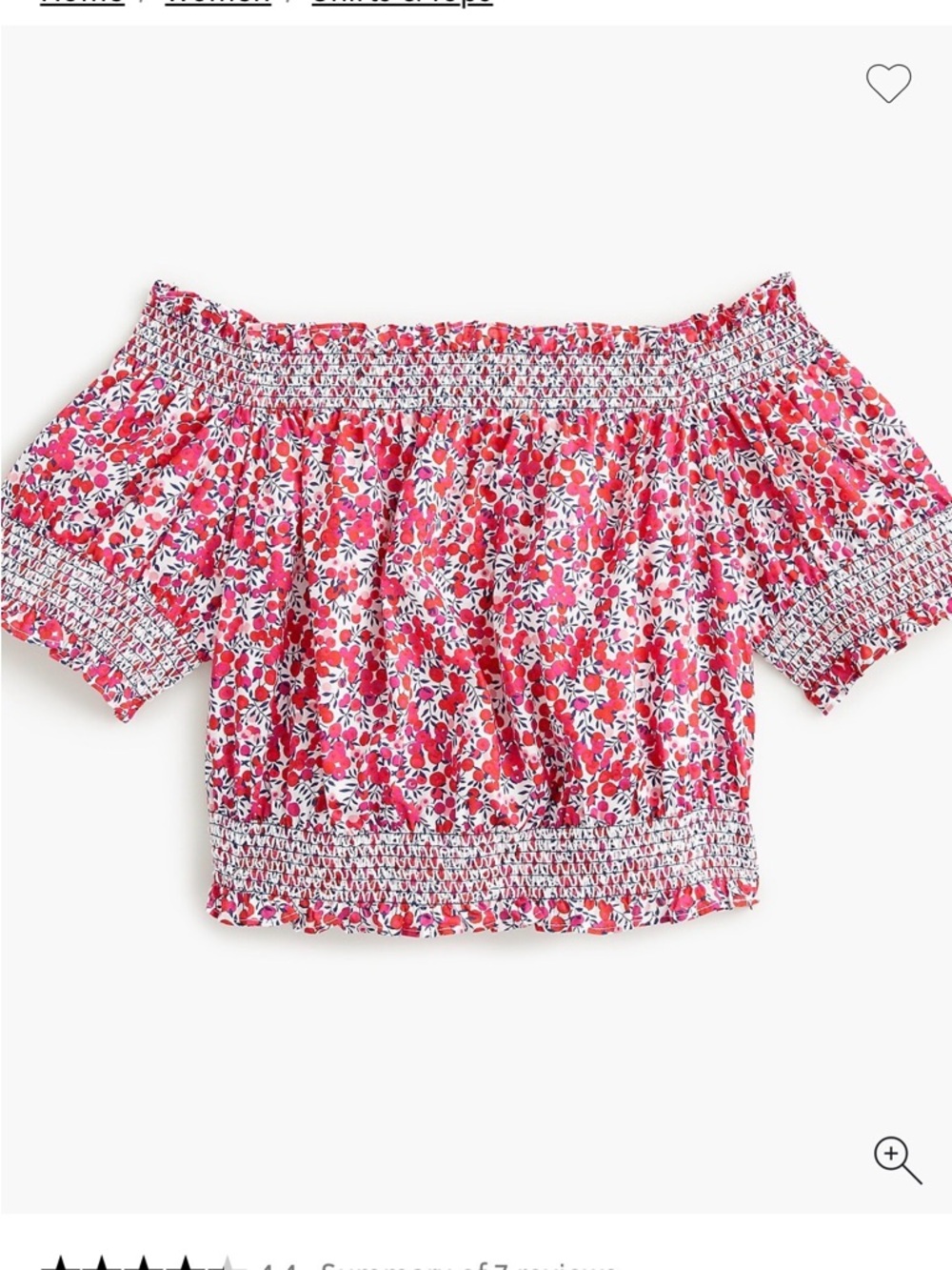 J. Crew made with Liberty Fabric Pink Floral Smocked Off-Shoulder Crop Top